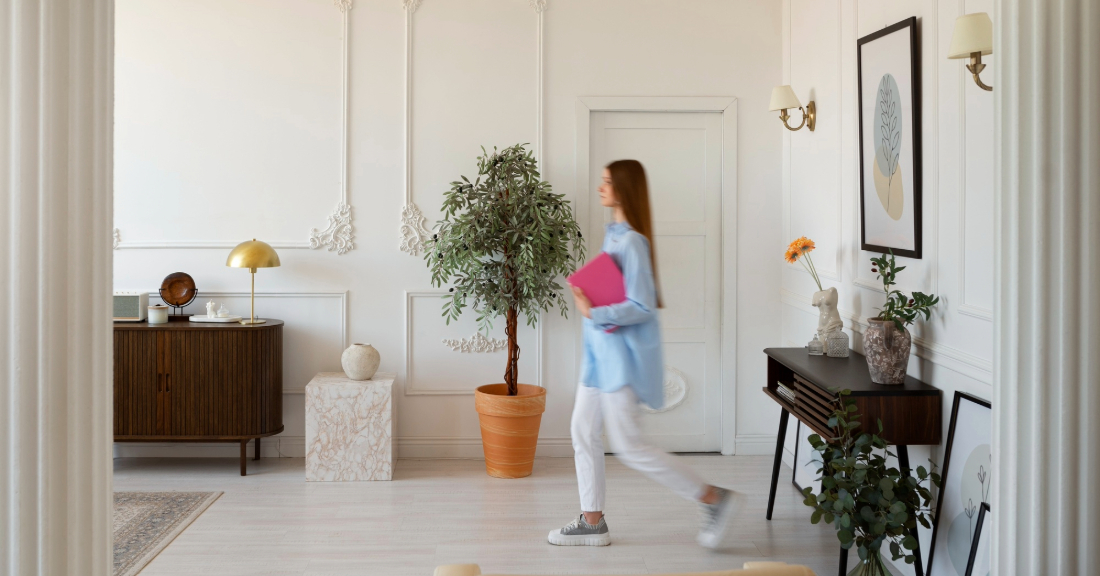 Warm and stylish entryway with bench, console table, and personal decor