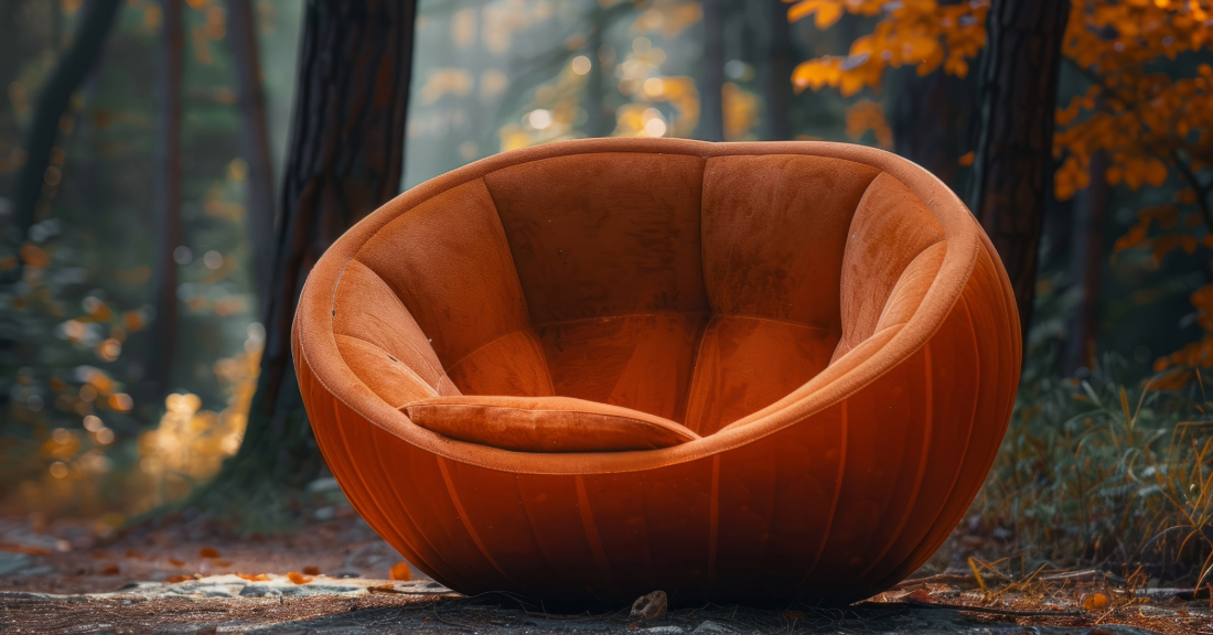 Modern Fall 2025 living room featuring warm earthy tones, a curved sofa, natural wood textures, and a bold statement chair that reflects trending furniture styles.