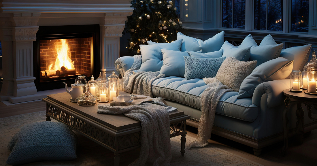 Warm winter-ready living room with cozy furniture and soft lighting.