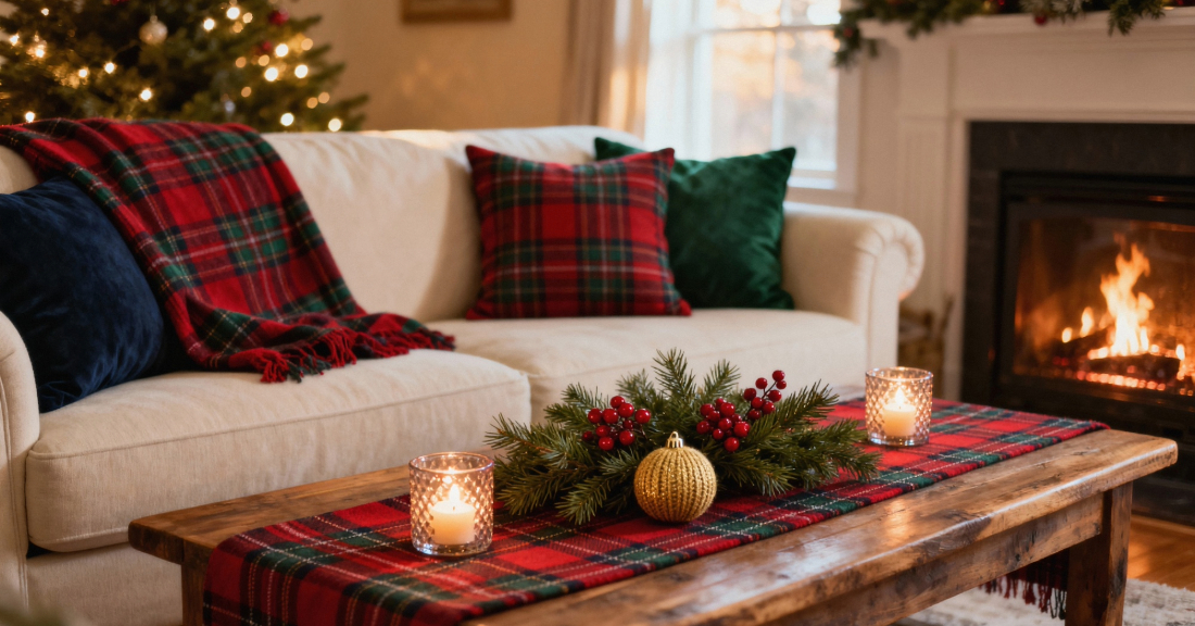 Cozy winter living room with soft furniture and warm textures