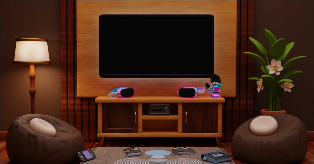 "Stylish modern TV stand and media center featuring open shelves, closed cabinets, and cable management in a cozy living room setting."